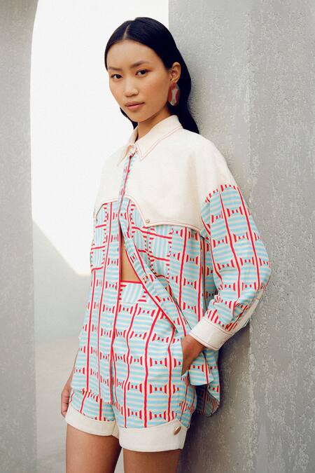 Pooja Rajgarhia Gupta_Off White Georgette Collared Geometric Print And Blue Shirt _Online_at_Aza_Fashions