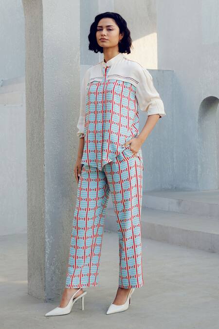 Buy Pooja Rajgarhia Gupta Off White Georgette Embroidery Collared Printed And Blue Shirt Online at Aza Fashions Buy_Pooja Rajgarhia Gupta_Off White Georgette Embroidery Collared Printed And Blue Shirt _Online_at_Aza_Fashions