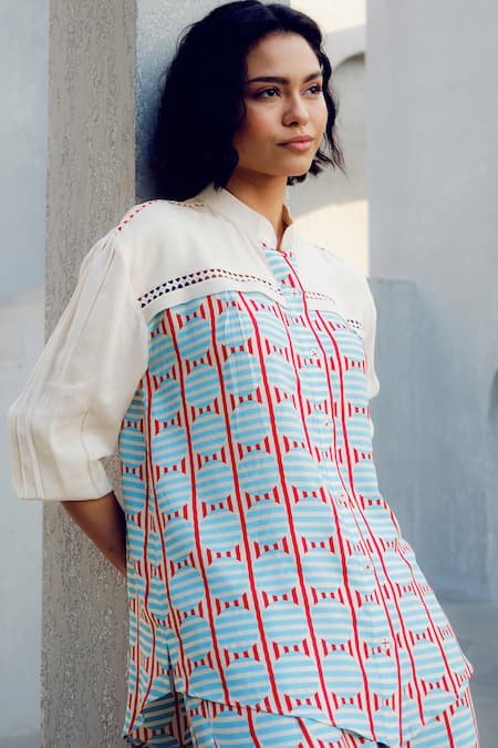 Shop Pooja Rajgarhia Gupta Off White Georgette Embroidery Collared Printed And Blue Shirt Online at Aza Fashions Shop_Pooja Rajgarhia Gupta_Off White Georgette Embroidery Collared Printed And Blue Shirt _Online_at_Aza_Fashions