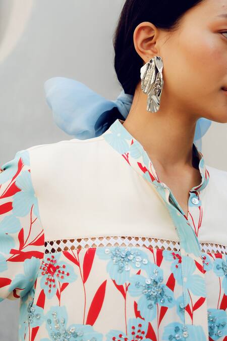 Buy Pooja Rajgarhia Gupta Off White Georgette Embroidery Collared Floral Print Shirt Dress Online at Aza Fashions Buy_Pooja Rajgarhia Gupta_Off White Georgette Embroidery Collared Floral Print Shirt Dress _Online_at_Aza_Fashions