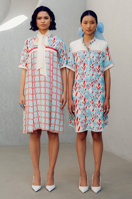 Shop Pooja Rajgarhia Gupta Off White Georgette Embroidery Collared Floral Print Shirt Dress Online at Aza Fashions Shop_Pooja Rajgarhia Gupta_Off White Georgette Embroidery Collared Floral Print Shirt Dress _Online_at_Aza_Fashions