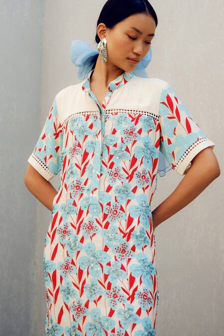 Pooja Rajgarhia Gupta Off White Georgette Embroidery Collared Floral Print Shirt Dress at Aza Fashions Pooja Rajgarhia Gupta_Off White Georgette Embroidery Collared Floral Print Shirt Dress _at_Aza_Fashions