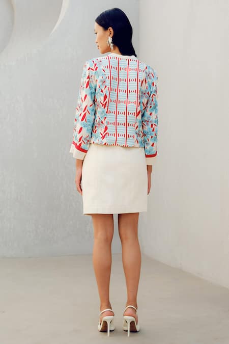 Shop Pooja Rajgarhia Gupta Blue Georgette Round Neck Floral Print Designer Jacket at Aza Fashions Shop_Pooja Rajgarhia Gupta_Blue Georgette Round Neck Floral Print Designer Jacket _at_Aza_Fashions