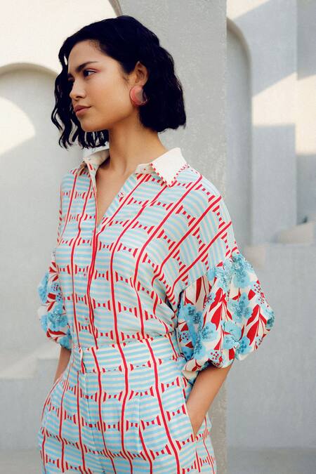 Buy Pooja Rajgarhia Gupta Blue Georgette Collared Printed And Off White Shirt Online at Aza Fashions Buy_Pooja Rajgarhia Gupta_Blue Georgette Collared Printed And Off White Shirt _Online_at_Aza_Fashions