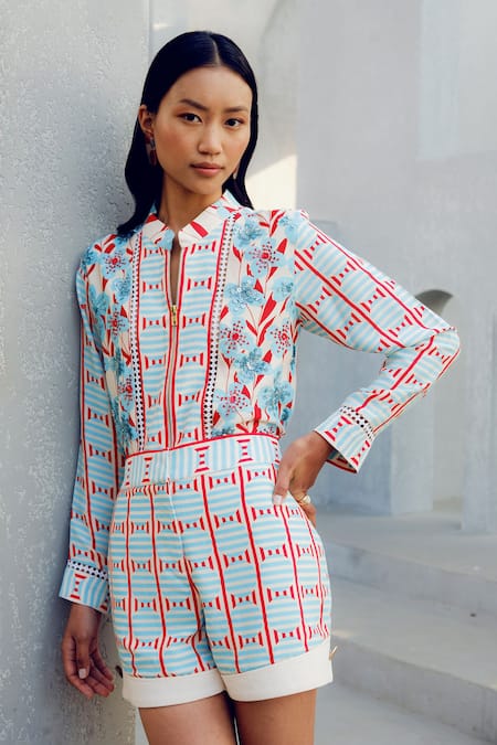 Pooja Rajgarhia Gupta Blue Georgette Floral Print Designer Shorts Online at Aza Fashions Pooja Rajgarhia Gupta_Blue Georgette Floral Print Designer Shorts _Online_at_Aza_Fashions