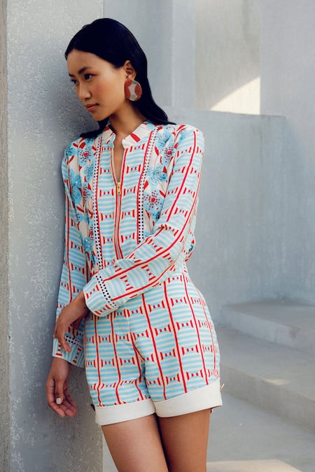 Buy Pooja Rajgarhia Gupta Blue Georgette Floral Print Designer Shorts Online at Aza Fashions Buy_Pooja Rajgarhia Gupta_Blue Georgette Floral Print Designer Shorts _Online_at_Aza_Fashions