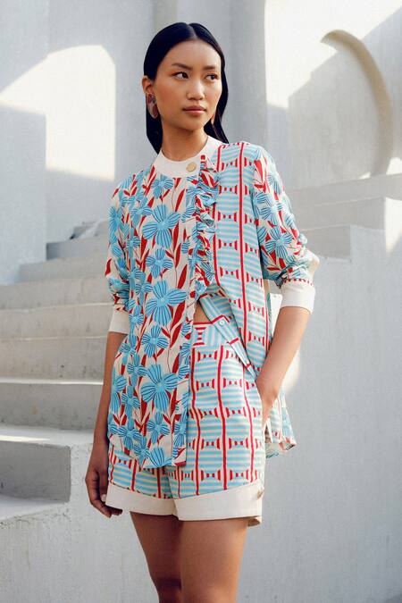 Pooja Rajgarhia Gupta Blue Georgette Round Neck Floral Print Designer Shirt Online at Aza Fashions Pooja Rajgarhia Gupta_Blue Georgette Round Neck Floral Print Designer Shirt _Online_at_Aza_Fashions