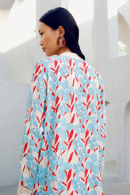 Shop Pooja Rajgarhia Gupta Blue Georgette Round Neck Floral Print Designer Shirt at Aza Fashions Shop_Pooja Rajgarhia Gupta_Blue Georgette Round Neck Floral Print Designer Shirt _at_Aza_Fashions