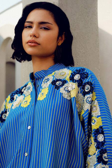 Pooja Rajgarhia Gupta Blue Georgette Embroidery Collared Floral Shirt Online at Aza Fashions Pooja Rajgarhia Gupta_Blue Georgette Embroidery Collared Floral Shirt _Online_at_Aza_Fashions