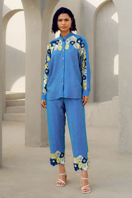 Shop Pooja Rajgarhia Gupta Blue Georgette Embroidery Collared Floral Shirt at Aza Fashions Shop_Pooja Rajgarhia Gupta_Blue Georgette Embroidery Collared Floral Shirt _at_Aza_Fashions