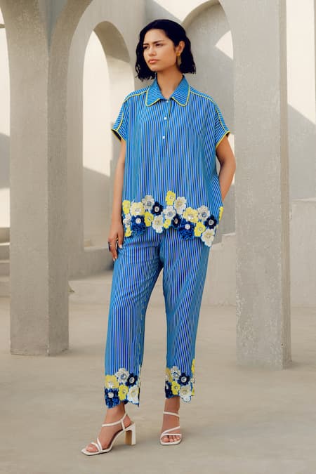Shop Pooja Rajgarhia Gupta Blue Georgette Embroidery Collared Striped Floral Shirt at Aza Fashions Shop_Pooja Rajgarhia Gupta_Blue Georgette Embroidery Collared Striped Floral Shirt _at_Aza_Fashions