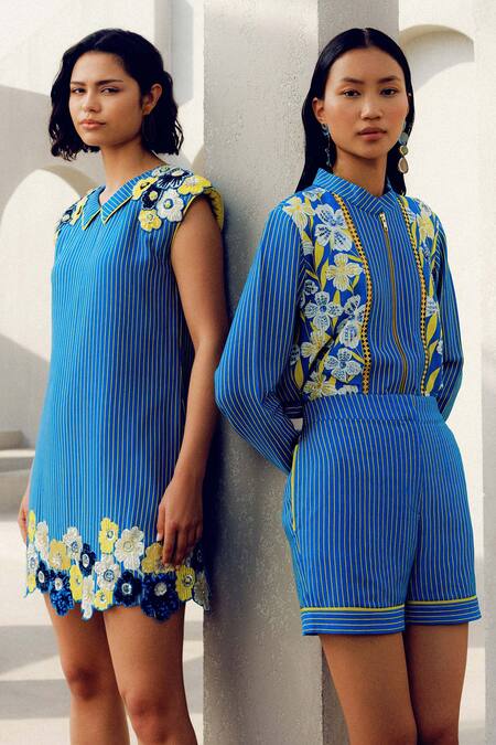 Buy Pooja Rajgarhia Gupta Blue Georgette Embroidery Collared Floral Dress Buy_Pooja Rajgarhia Gupta_Blue Georgette Embroidery Collared Floral Dress