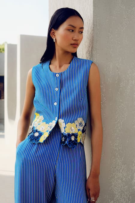 Shop Pooja Rajgarhia Gupta Blue Georgette Embroidery Round Neck Striped Floral Waistcoat And Pant Set Online at Aza Fashions Shop_Pooja Rajgarhia Gupta_Blue Georgette Embroidery Round Neck Striped Floral Waistcoat And Pant Set _Online_at_Aza_Fashions