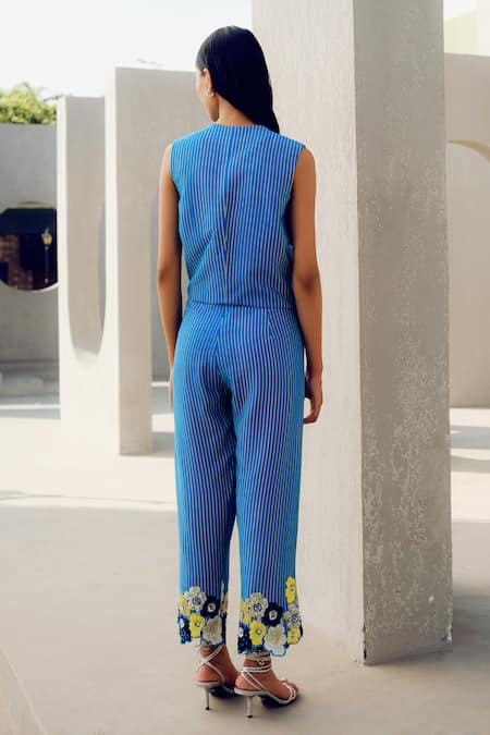 Pooja Rajgarhia Gupta Blue Georgette Embroidery Round Neck Striped Floral Waistcoat And Pant Set Online at Aza Fashions Pooja Rajgarhia Gupta_Blue Georgette Embroidery Round Neck Striped Floral Waistcoat And Pant Set _Online_at_Aza_Fashions