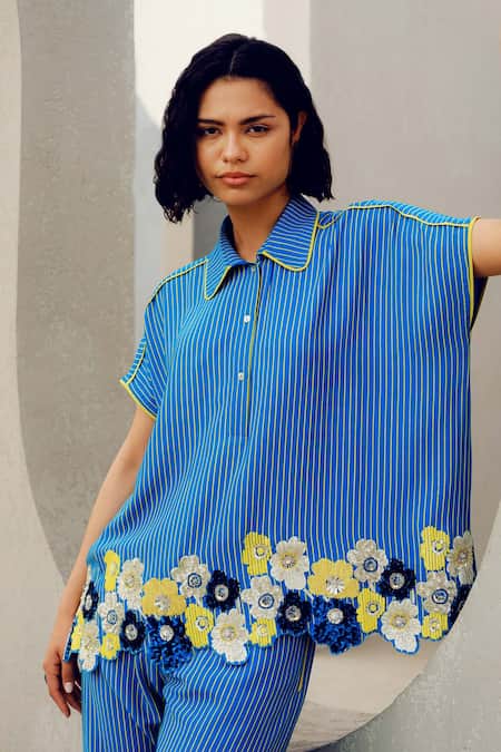 Pooja Rajgarhia Gupta_Blue Georgette Embroidery Floral Pant Set _Online_at_Aza_Fashions