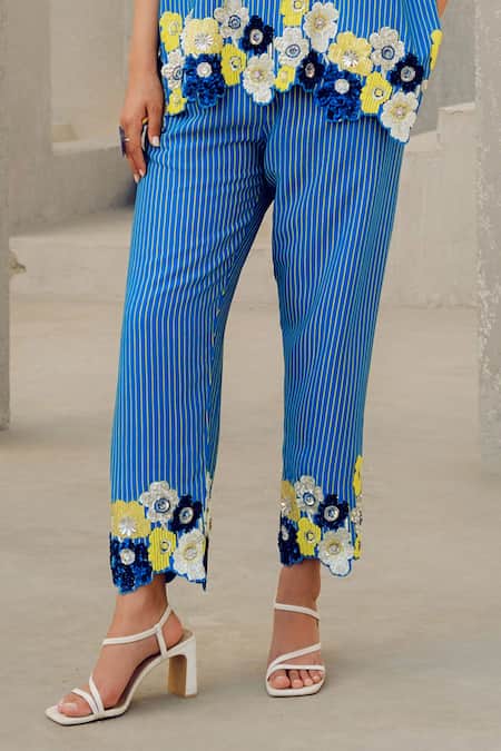 Shop_Pooja Rajgarhia Gupta_Blue Georgette Embroidery Floral Pant Set _Online_at_Aza_Fashions
