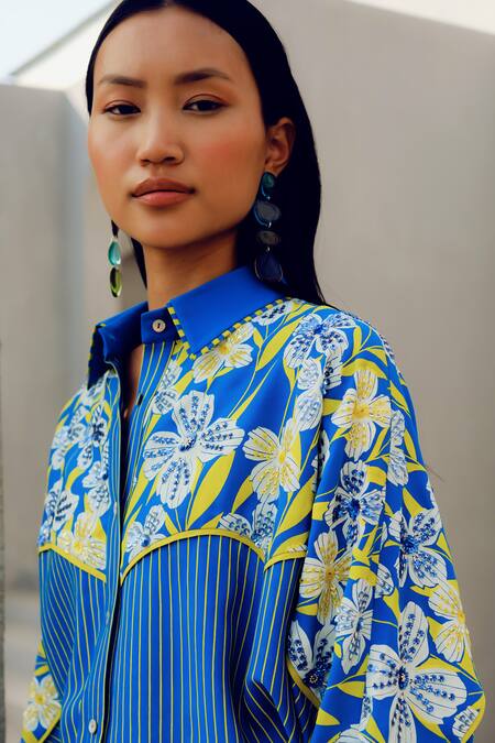 Shop Pooja Rajgarhia Gupta Blue Georgette Embroidery Collared Floral Print Shirt Online at Aza Fashions Shop_Pooja Rajgarhia Gupta_Blue Georgette Embroidery Collared Floral Print Shirt _Online_at_Aza_Fashions