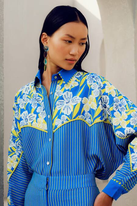 Buy Pooja Rajgarhia Gupta Blue Georgette Embroidery Collared Floral Print Shirt Buy_Pooja Rajgarhia Gupta_Blue Georgette Embroidery Collared Floral Print Shirt