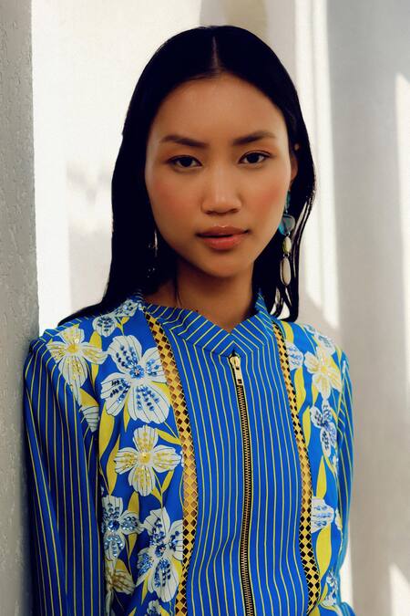 Pooja Rajgarhia Gupta Blue Georgette Embroidery Collared Floral Shirt Online at Aza Fashions Pooja Rajgarhia Gupta_Blue Georgette Embroidery Collared Floral Shirt _Online_at_Aza_Fashions