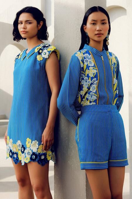 Buy Pooja Rajgarhia Gupta Blue Georgette Embroidery Collared Floral Shirt Online at Aza Fashions Buy_Pooja Rajgarhia Gupta_Blue Georgette Embroidery Collared Floral Shirt _Online_at_Aza_Fashions