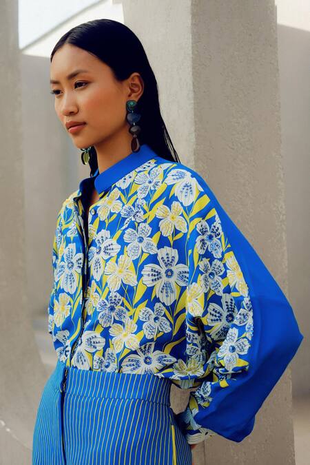 Pooja Rajgarhia Gupta Blue Georgette Collared Floral Print Designer Shirt Online at Aza Fashions Pooja Rajgarhia Gupta_Blue Georgette Collared Floral Print Designer Shirt _Online_at_Aza_Fashions