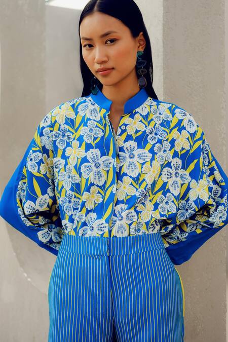 Buy Pooja Rajgarhia Gupta Blue Georgette Collared Floral Print Designer Shirt Online at Aza Fashions Buy_Pooja Rajgarhia Gupta_Blue Georgette Collared Floral Print Designer Shirt _Online_at_Aza_Fashions
