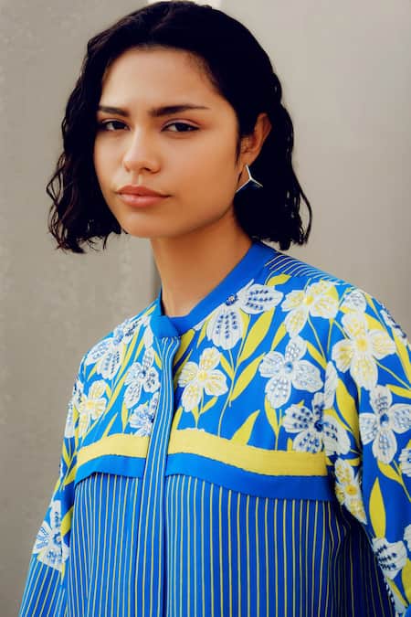 Buy Pooja Rajgarhia Gupta Blue Georgette Embroidery Collared Floral Print Pant Set Online at Aza Fashions Buy_Pooja Rajgarhia Gupta_Blue Georgette Embroidery Collared Floral Print Pant Set _Online_at_Aza_Fashions