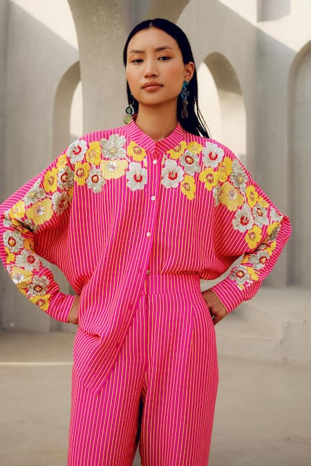 Pooja Rajgarhia Gupta Pink Georgette Embroidery Collared Floral Shirt Online at Aza Fashions Pooja Rajgarhia Gupta_Pink Georgette Embroidery Collared Floral Shirt _Online_at_Aza_Fashions