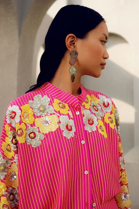 Buy Pooja Rajgarhia Gupta Pink Georgette Embroidery Collared Floral Shirt Online at Aza Fashions Buy_Pooja Rajgarhia Gupta_Pink Georgette Embroidery Collared Floral Shirt _Online_at_Aza_Fashions
