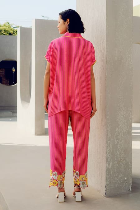 Shop Pooja Rajgarhia Gupta Pink Georgette Embroidery Collared Striped Floral Shirt at Aza Fashions Shop_Pooja Rajgarhia Gupta_Pink Georgette Embroidery Collared Striped Floral Shirt _at_Aza_Fashions