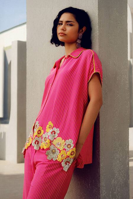 Pooja Rajgarhia Gupta Pink Georgette Embroidery Collared Striped Floral Shirt Online at Aza Fashions Pooja Rajgarhia Gupta_Pink Georgette Embroidery Collared Striped Floral Shirt _Online_at_Aza_Fashions