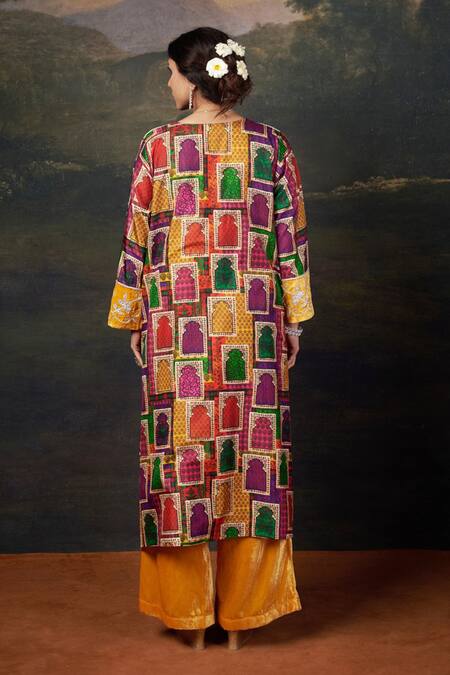 Shop_Thetaa_Yellow Silk, Viscose Embroidery, Zari V-neck Zardozi Kurta Set _at_Aza_Fashions