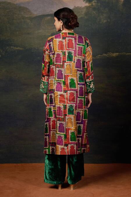Shop_Thetaa_Multi Color Silk, Viscose, Velvet Embroidery, Zari V-neck Zardozi Kurta Set _at_Aza_Fashions