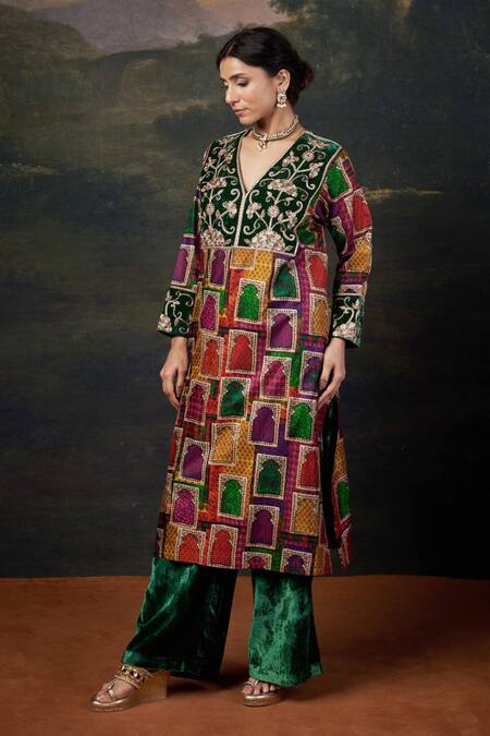Thetaa_Multi Color Silk, Viscose, Velvet Embroidery, Zari V-neck Zardozi Kurta Set _Online_at_Aza_Fashions