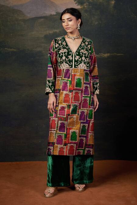 Shop_Thetaa_Multi Color Silk, Viscose, Velvet Embroidery, Zari V-neck Zardozi Kurta Set _Online_at_Aza_Fashions