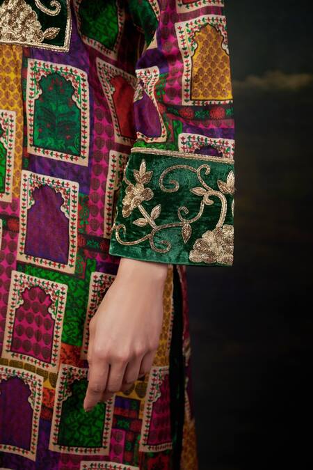 Thetaa_Multi Color Silk, Viscose, Velvet Embroidery, Zari V-neck Zardozi Kurta Set _at_Aza_Fashions