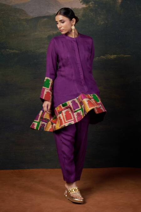 Thetaa_Purple Silk, Organza Embroidery Mandarin Collar Kurta Set With _Online_at_Aza_Fashions