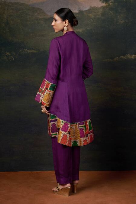 Shop_Thetaa_Purple Silk, Organza Embroidery Mandarin Collar Kurta Set With _at_Aza_Fashions
