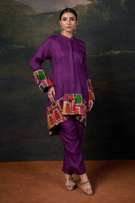 Buy_Thetaa_Purple Silk, Organza Embroidery Mandarin Collar Kurta Set With _Online_at_Aza_Fashions