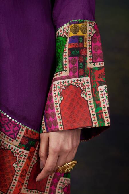 Shop_Thetaa_Purple Silk, Organza Embroidery Mandarin Collar Kurta Set With _Online_at_Aza_Fashions