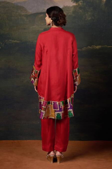 Shop_Thetaa_Red Silk, Organza Embroidery Mandarin Collar Jharoka Print Kurta Set _at_Aza_Fashions