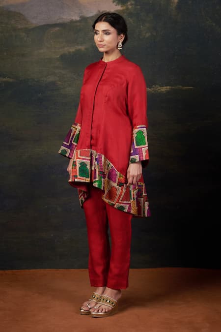 Shop_Thetaa_Red Silk, Organza Embroidery Mandarin Collar Jharoka Print Kurta Set _Online_at_Aza_Fashions
