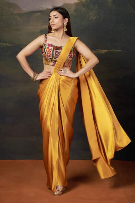 Thetaa_Yellow Silk, Polyester Embroidery, Beads Square Pre-draped Saree With Blouse _Online_at_Aza_Fashions
