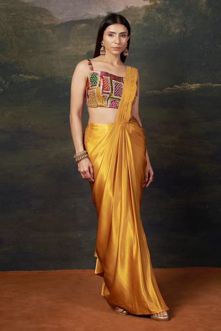 Buy_Thetaa_Yellow Silk, Polyester Embroidery, Beads Square Pre-draped Saree With Blouse _Online_at_Aza_Fashions
