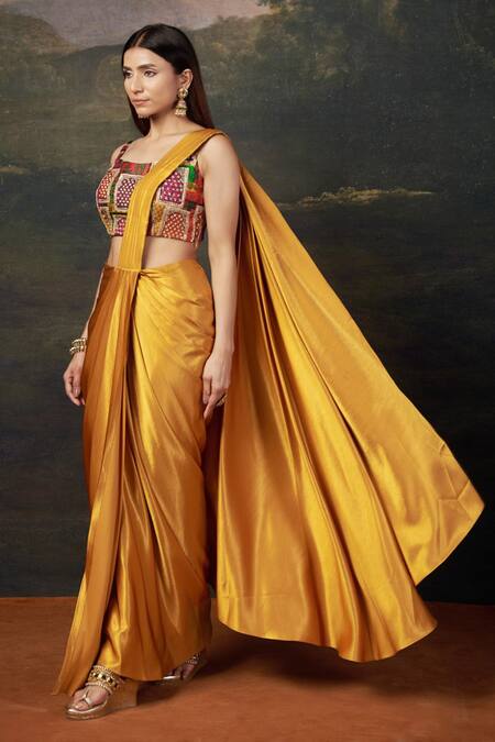 Shop_Thetaa_Yellow Silk, Polyester Embroidery, Beads Square Pre-draped Saree With Blouse _Online_at_Aza_Fashions
