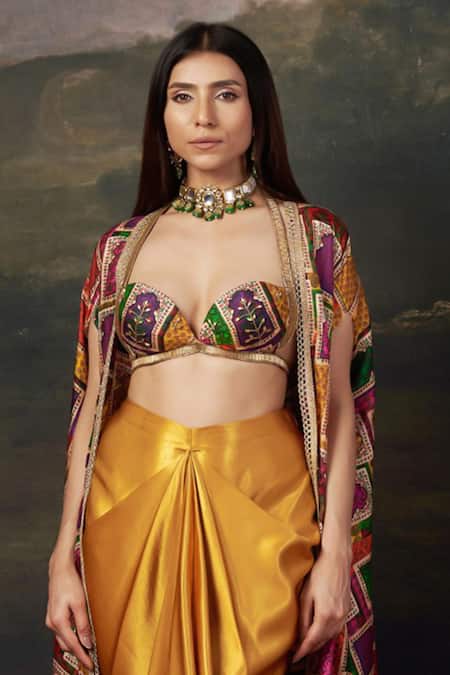Buy_Thetaa_Yellow Silk, Polyester Embroidery Embellished Bralette Cape And Dhoti Skirt Set _Online_at_Aza_Fashions