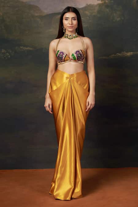 Shop_Thetaa_Yellow Silk, Polyester Embroidery Embellished Bralette Cape And Dhoti Skirt Set _Online_at_Aza_Fashions