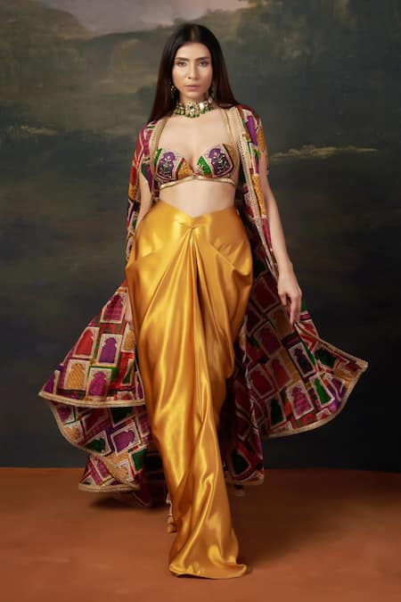 Thetaa_Yellow Silk, Polyester Embroidery Embellished Bralette Cape And Dhoti Skirt Set _at_Aza_Fashions