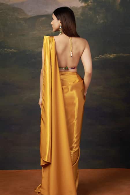 Shop_Thetaa_Yellow Silk, Polyester, Satin Bralette Blouse And Liquid Gold Pre-draped Saree Set _at_Aza_Fashions