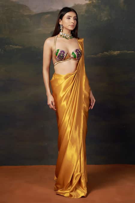 Thetaa_Yellow Silk, Polyester, Satin Bralette Blouse And Liquid Gold Pre-draped Saree Set _Online_at_Aza_Fashions